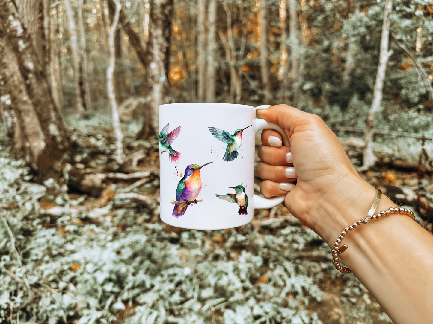 Ceramic Bird Mug with Watercolor Hummingbirds