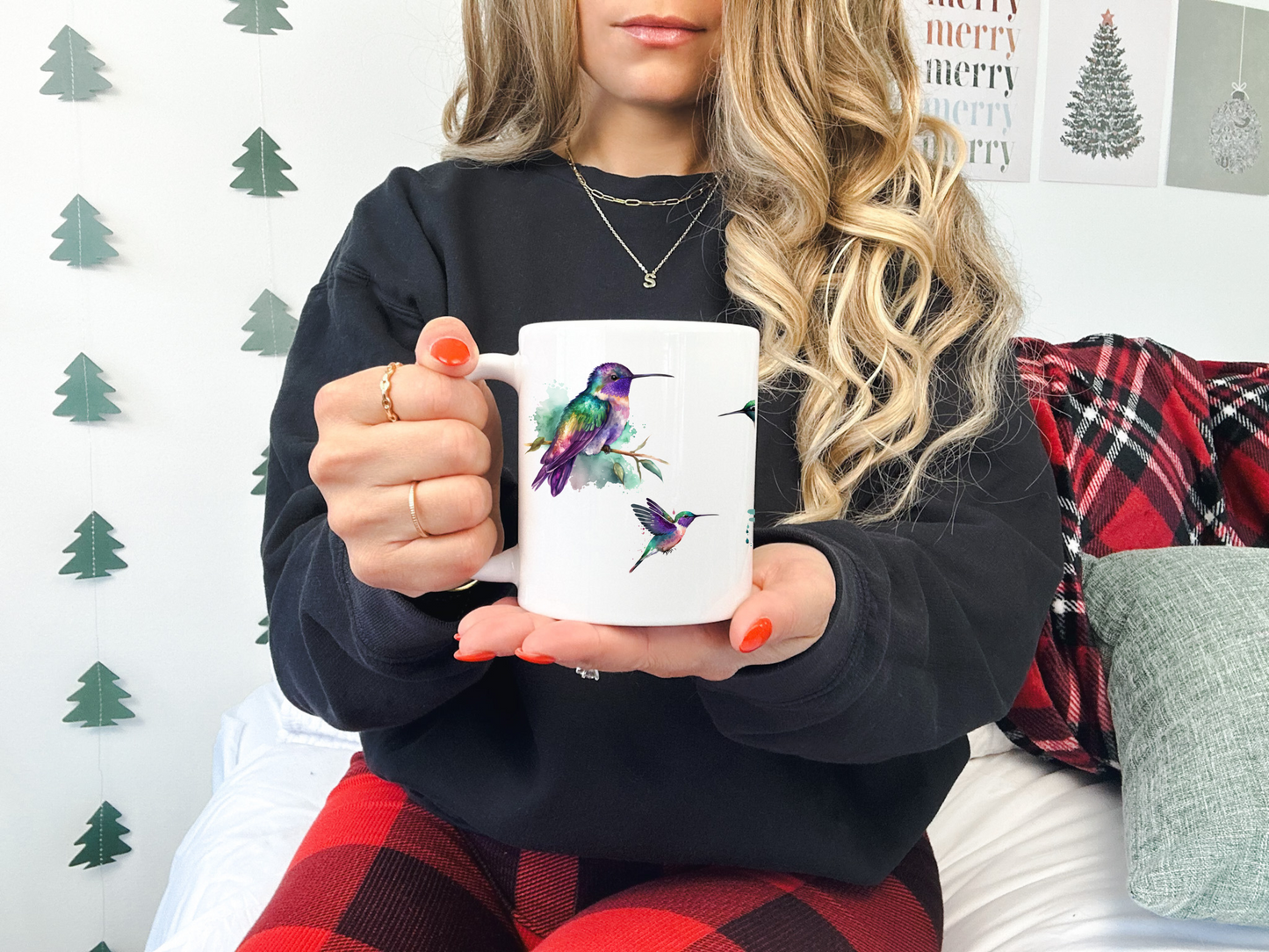 Ceramic Bird Mug with Watercolor Hummingbirds