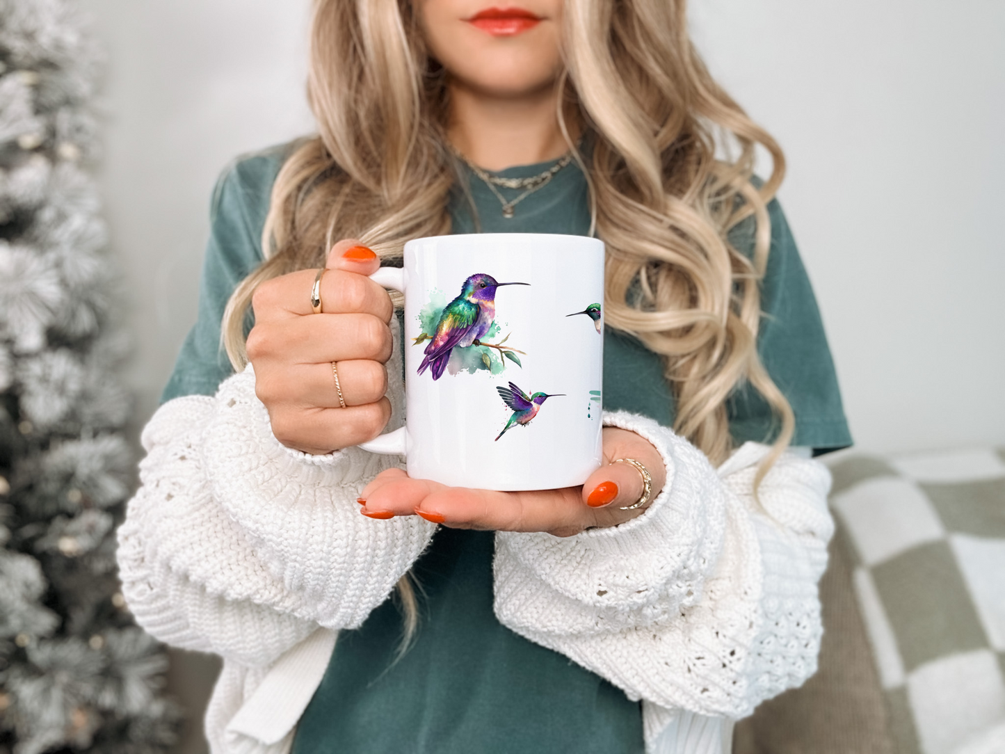 Ceramic Bird Mug with Watercolor Hummingbirds