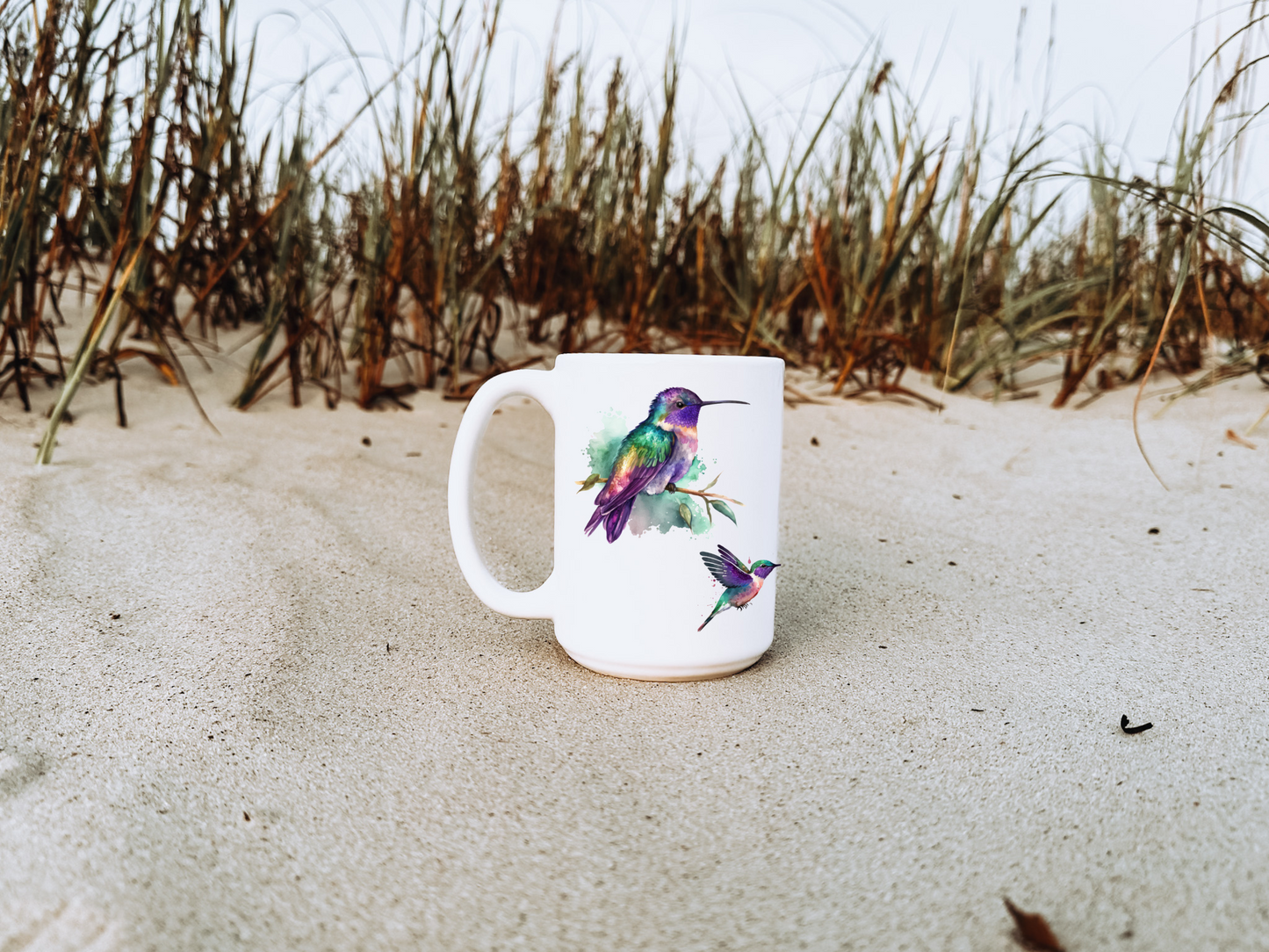 Ceramic Bird Mug with Watercolor Hummingbirds