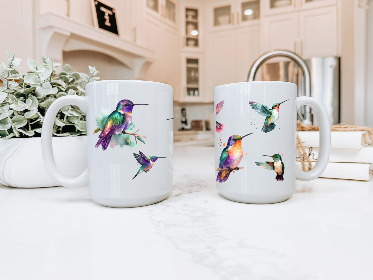 Ceramic Bird Mug with Watercolor Hummingbirds