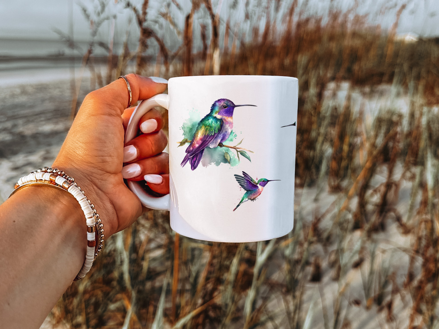 Ceramic Bird Mug with Watercolor Hummingbirds